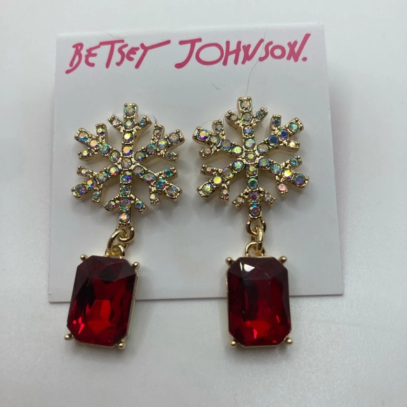 BETSEY JOHNSON Christmas Holiday Snowflake Red Crystal Dangle Earrings NEW NWT - Picture 2 of 3